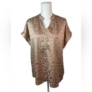 Truself Satin Leopard Print Short Sleeve Blouse - Taupe L